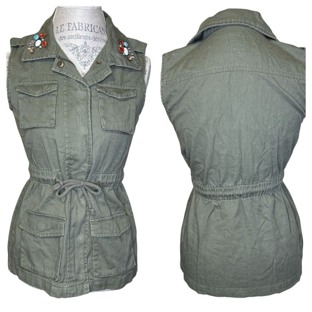 NWT Decree Women's Jeweled Utility Vest Jacket Olive Green Size S